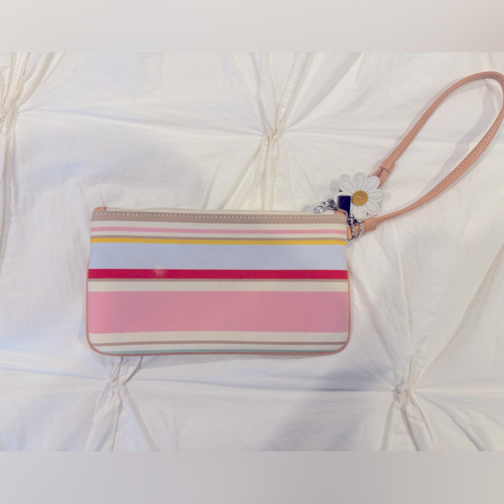 Coach Like New Multi Stripe Canvas Wristlet with Daisy Patch and Red lining - Picture 4 of 4